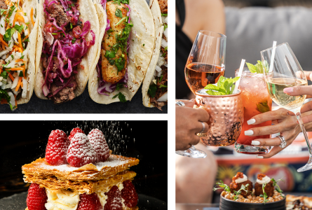 image of tacos, friends toasting and raspberry dessert